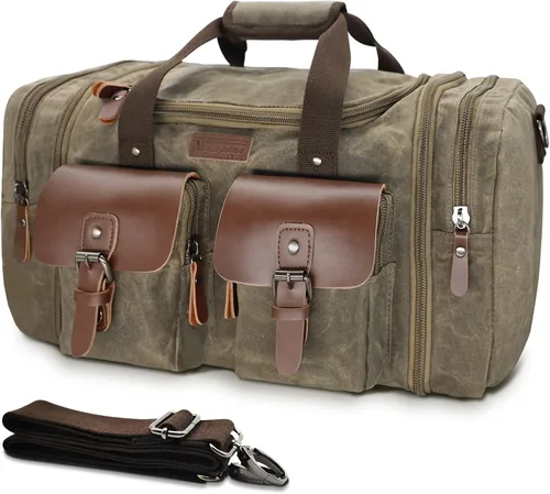 Miniatura 26 de Wildroad Bolsa de viaje de lona de 50L, bolsa de lona expandible de cuero genuino, bolsa de fin de semana mejorada para una noche, bolsa de mano