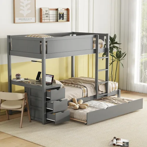 Miniatura 11 de Litera de tamaño matrimonial con escritorio debajo de la cama, cama nido de tamaño individual y cajones de almacenamiento, no necesita somier Blanco