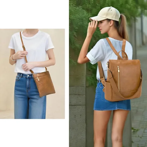 Miniatura 7 de Soperwillton Mochila de moda para mujer, bolso de hombro de cuero antirrobo, bolsa de viaje, múltiples bolsillos, cartera, juego de 3 piezas
