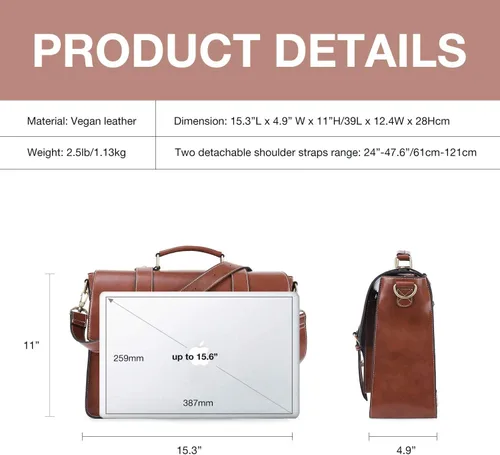 Miniatura 7 de ECOSUSI Mochila para mujer, maletín para computadora portátil, de cuero vegano, bolsas de trabajo para portátiles de 15.6 pulgadas, color café, 15,6