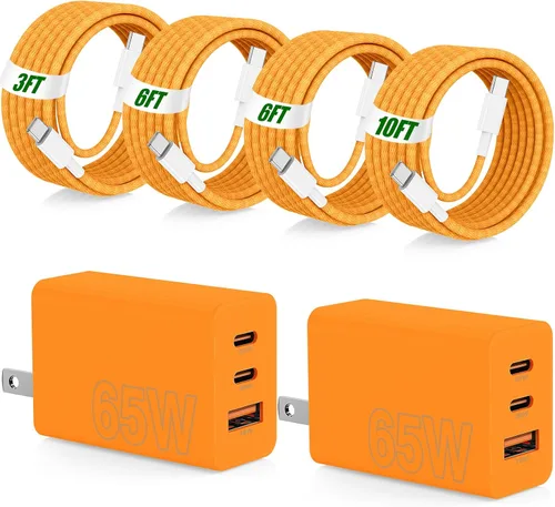 Miniatura 15 de USB C de carga súper rápida de 65 W para iPhone 17 16 Pro Max, bloque de carga USB C de 3 puertos de 100 W PD y cable trenzado tipo C de 3/6/6/10
