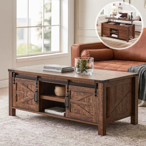 Miniatura 8 de OKD - Mesa de centro de granja de 48" con puerta de granero deslizante, mesa rústica con compartimento de almacenamiento oculto, superficie superior