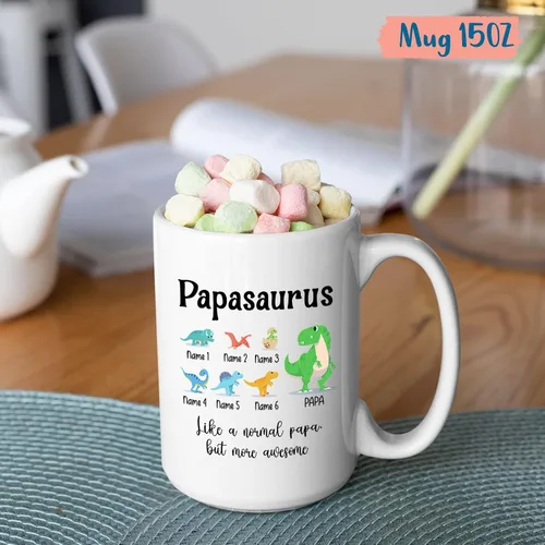 Miniatura 5 de Papasaurus - Taza de café blanca personalizada con texto en inglés "Papasaurus Like A Normal Papa But More Awesome de 11 oz, 15 oz, taza