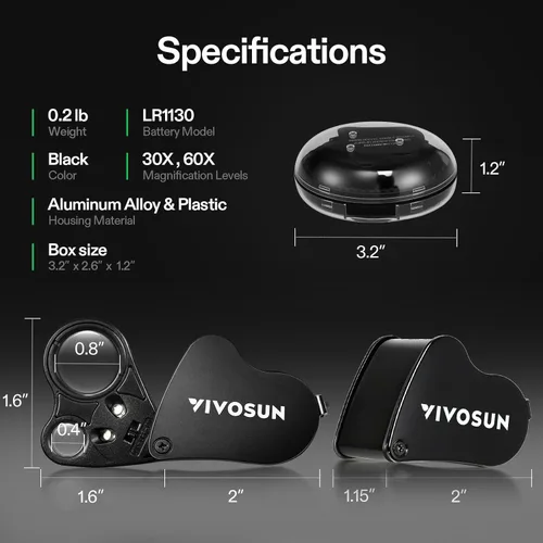 Miniatura 8 de VIVOSUN 30X 60X Lupa de joyeros iluminada plegable con luz LED para joyas, gemas, relojes, monedas, sellos, antigüedades, negro
