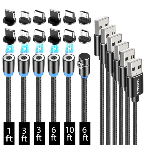 Terasako - Cable de carga magnético paquete de 6 [1 pies/3 pies/3 pies/6 pies/6 pies/10 pies], cargador de teléfono magnético 3 en 1 en nailon