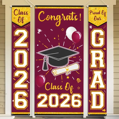 Miniatura 4 de Letrero de graduación granate y dorado para porche, decoración de graduación de Calss of 2026, 3 unidades, pancarta de graduación Cartel