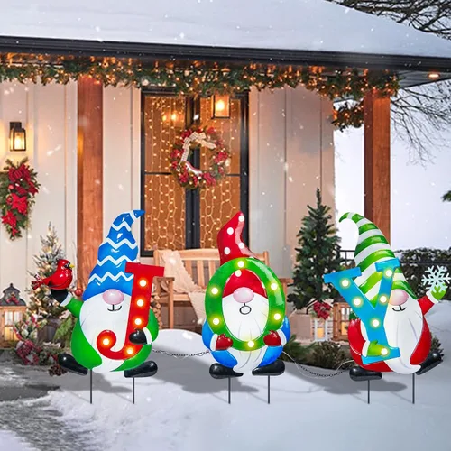 Miniatura 4 de Afirst Estacas de metal para patio de Navidad, decoración de patio al aire libre, gnomos que sostienen alegría, estacas de metal iluminadas, estaca