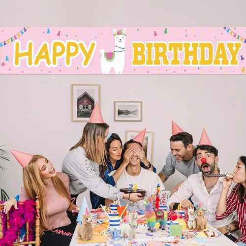 Miniatura 4 de Cartel de llama alpaca con texto en inglés «Happy Birthday» de color rosa, bonito telón de fondo para decoración de patio, niña, niño, princesa