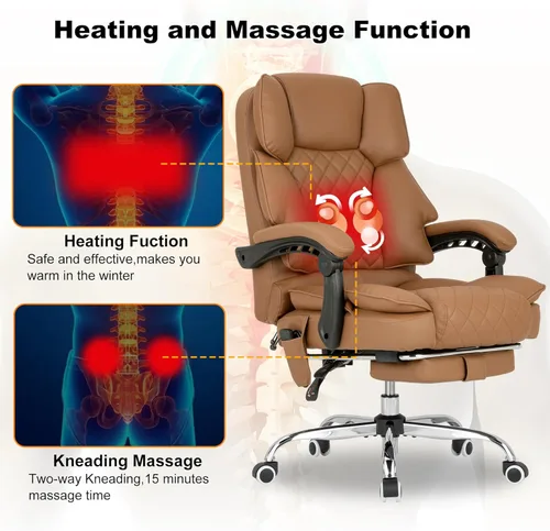 Miniatura 7 de Silla de oficina ejecutiva de masaje amasado con calefacción, silla de oficina reclinable de 90-135° con reposapiés, silla de escritorio