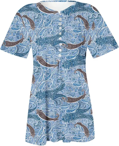 Miniatura 5 de Womens Vintage Printed Hide Belly Button Henley Tunics Tops Women's Short Sleeve V Neck Flowy Summer Shirts Pullover