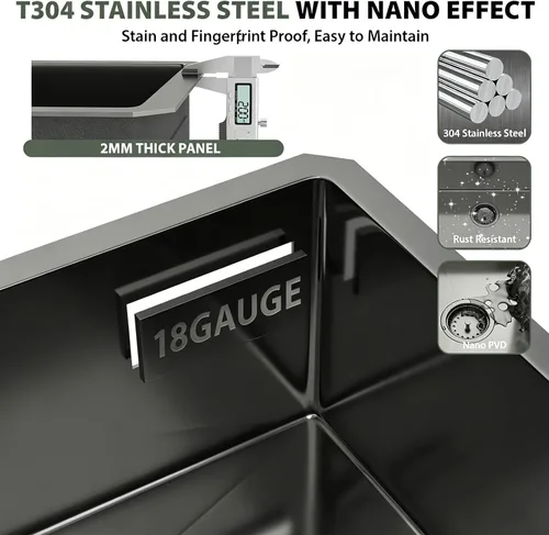 Miniatura 6 de Mocoloo Fregadero de barra de montaje inferior de 13 pulgadas, fregadero de cocina pequeño negro T304 de 13 x 15 pulgadas, de acero inoxidable