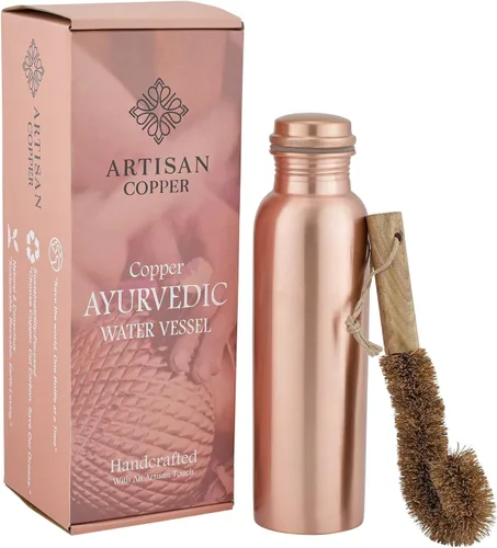 Miniatura 9 de Artisan Copper - Botella de cobre 100% puro (32 onzas) con cepillo de madera, botella de agua hecha a mano, acabado martillado, a prueba de fugas