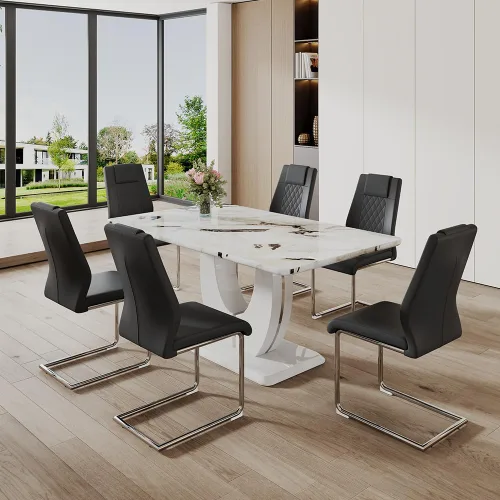 Miniatura 7 de JUFU Moderno juego de mesa de comedor y 4 sillas, juego de mesa de comedor de mármol sintético blanco para 4, juego de mesa de comedor y 4 sillas