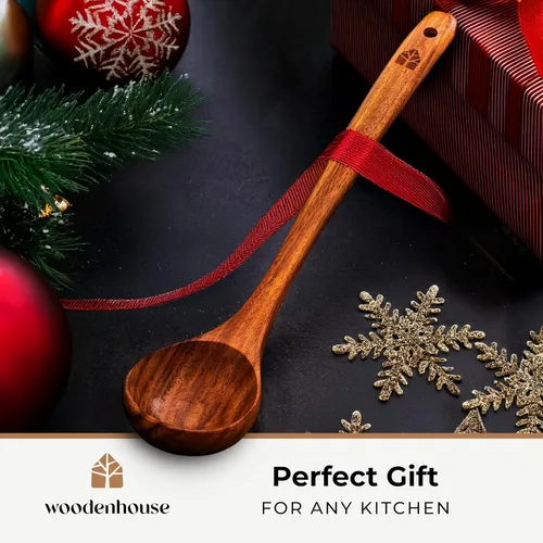 Miniatura 2 de Cucharón de madera para cocinar, cuchara de sopa - Cuchara de madera de teca, mango de 12.4 pulgadas, tamaño mediano de 2 onzas, ecológico, natural