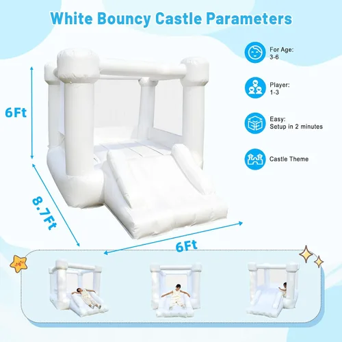 Miniatura 4 de Casa inflable de PVC blanca, casa hinchable con tobogán, casa de rebote para niños 3-6 soplador incluido, 8.7 pies de largo x 6 pies de ancho x 6
