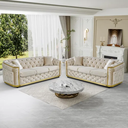 Miniatura 12 de DAMAIFROM Juego de sofá de terciopelo de lujo beige y dorado, moderno de mediados de siglo, sofás Chesterfield copetudos y patas doradas, juego de 2