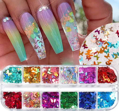 Lentejuelas para arte de uñas de mariposa con purpurina láser, mariposas 3D, decoración de copos brillantes, 12 colores, diseño holográfico de