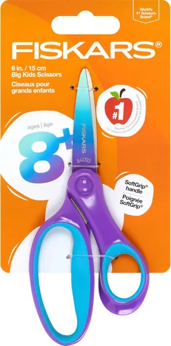 Tijeras Fiskars Softgrip de 6 pulgadas para Niños Grandes de 8 a 11 años, tijeras para la escuela o manualidades, color turquesa y morado degradado
