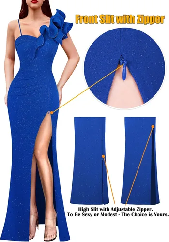 Miniatura 6 de VFSHOW Vestido largo con volantes y tirantes para mujer, fruncido, formal, para graduación, boda, cuello en V, elegante, dividido, cóctel, noche