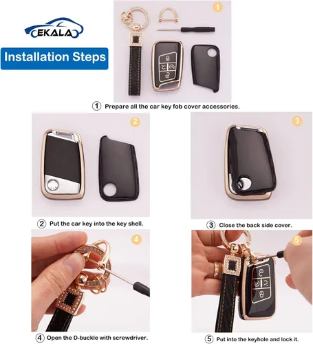 Miniatura 4 de EKALA Funda para llavero Volkswagen con llavero de cuero, 4 botones de TPU suave, compatible con Volkswagen Tiguan Atlas Passat Jetta Golf Alltrack