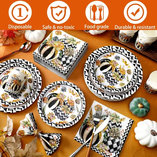 Miniatura 3 de Hsei 250 piezas de platos y servilletas de calabaza de otoño para decoración de fiesta, juegos de vajilla desechable para baby shower, suministros