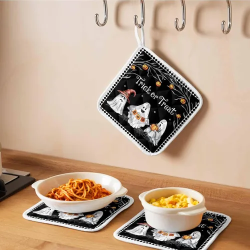 Miniatura 6 de Juego de 2 soportes para ollas de Halloween para cocina, platos de sartén para horno, tapete a prueba de calor con lazo para colgar, agarraderas