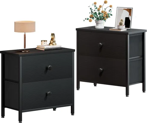 Miniatura 11 de BOLUO Mesita de noche negra cómoda de 2 cajones para dormitorio, mesita de noche pequeña mesa auxiliar con cajones de tela, moderna