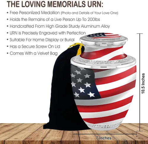 Miniatura 2 de Urnas de cremación personalizadas con medallón veterano de la bandera estadounidense para cenizas de adultos, hombres y mujeres, urnas funerarias