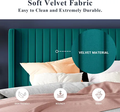 Miniatura 5 de Allewie - Base de cama tamaño Full con plataforma acolchada tapizada en terciopelo/cabecera tapizada con diseño acanalado vertical/listones de Verde