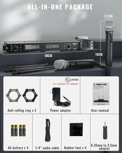 Miniatura 6 de Phenyx Pro Sistema de Micrófono Inalámbrico, Juego de Micrófonos de Mano Duales Inalámbricos de Diversidad Verdadera, Micrófonos Inalámbricos