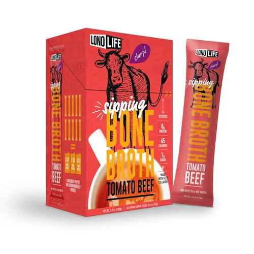 LonoLife Palitos de caldo de hueso de res con sabor a tomate: 0.35 oz de proteína, apto para dieta cetogénica, 10 porciones portátiles