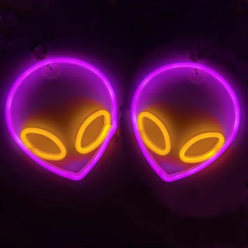 Miniatura 7 de Letrero de neón con cabeza de alienígena, 1 unidad, luz de neón de alienígena verde y morado, USB o 3 pilas AA, divertido letrero de neón iluminado