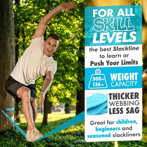Miniatura 7 de Kit Completo de Slackline Ninja – Línea de slackline de 60 pies de largo para patio trasero para niños y adultos con correas de trinquete, Azul