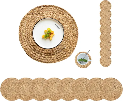 Miniatura 21 de Juego de 6 manteles individuales redondos tejidos con 6 posavasos, manteles individuales de jacinto de agua natural, manteles individuales de ratán