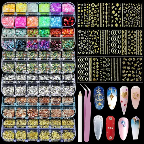 Miniatura 8 de Artdone 12 cajas de diamantes de imitación para uñas, gemas de diamantes de uñas, aretes de cristal de uñas y lentejuelas para uñas, kit con 1 pinza