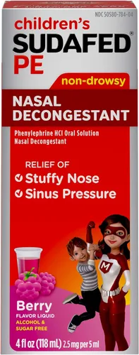 Miniatura 3 de Sudafed Descongestionante Nasal PE Para Niños, Medicina Líquida para el Alivio del Resfriado con Fenilefrina HCl, Sin Alcohol y Sin Azúcar, Sabor a