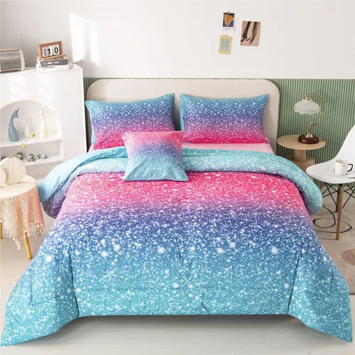 Miniatura 22 de RYNGHIPY Juego de ropa de cama tamaño matrimonial de sirena para niñas, colorido arco iris, juego de edredón con sábanas suaves y ligeras, 6 piezas