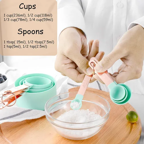 Miniatura 2 de Juego de tazas y cucharas medidoras con mango de acero inoxidable de oro rosa, 8 cucharadas apilables y precisas para medir ingredientes secos