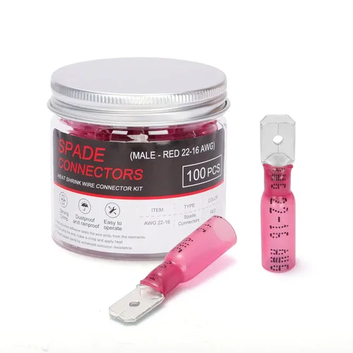 Miniatura 10 de HKS 100 conectores de pala hembra rojo 22-16 AWG – Kit de conectores de cable de desconexión rápida eléctricos termorretráctiles – cobre rojo