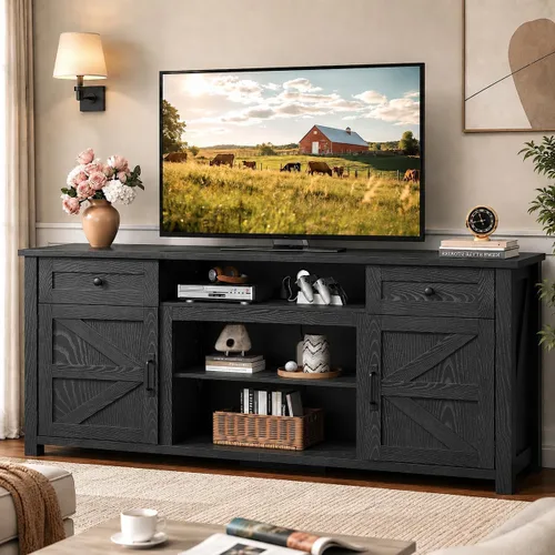 WLIVE Soporte de TV para TV de 75/70 pulgadas, centro de entretenimiento con almacenamiento y toma de corriente, gabinete de consola multimedia de