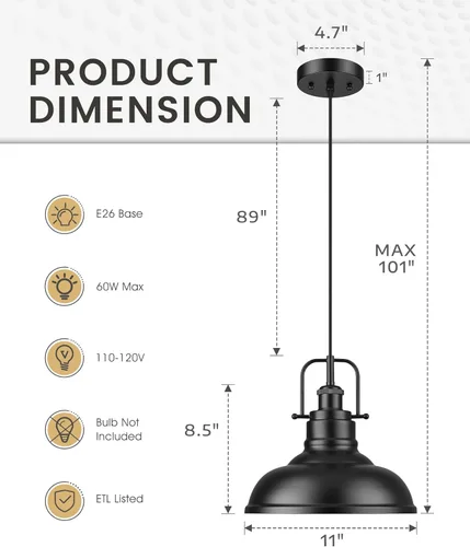 Miniatura 2 de zeyu Lámpara colgante industrial de 1 luz, lámpara colgante de 11 pulgadas para isla de cocina, pantalla de cúpula de metal en acabado negro mate
