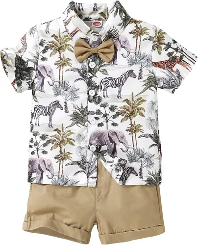 Miniatura 8 de JEELLIGULAR Conjunto de ropa de verano para bebé niño de manga corta con botones y pantalones cortos, trajes casuales para caballeros de 1 a 6 años