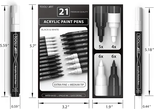 Miniatura 6 de TOOLI-ART Juego de marcadores de pintura acrílica en blanco y negro para pintura de roca, lienzo, tazas, metal, pintura de vidrio, tela, madera