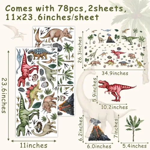 Miniatura 2 de Calcomanías de pared grandes de dinosaurio para despegar y pegar, calcomanías de pared de huellas de dinosaurio, hojas tropicales, palmeras