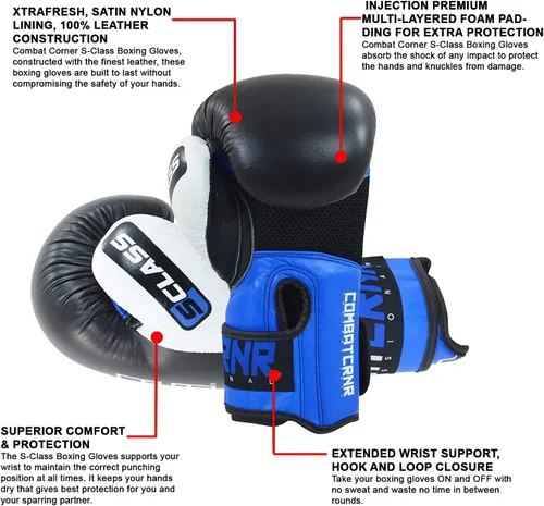 Combat Corner Guantes de boxeo Clase S para hombres y mujeres – Guantes de entrenamiento de entrenamiento para MMA, Muay, Kickboxing | Fabricados