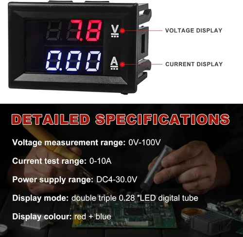 Miniatura 4 de Sun Walker 2 amperímetros de voltímetro digital de 0.28 pulgadas, CC 0-100 V 10 A, medidor de voltaje con cables de conexión, 2 en 1, rojo y azul