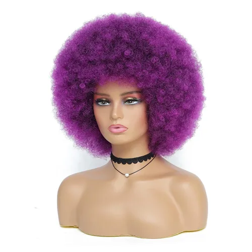 Miniatura 19 de Peluca rizada afro de los años 70 para mujer, marrón oscuro, fibras sintéticas, suave, flexible, sin desprendimiento, correas ajustables Marrón/Negro