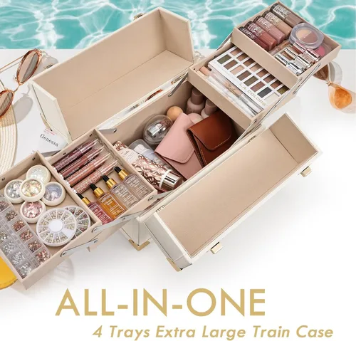 Miniatura 3 de Joligrace - Estuche de maquillaje portátil grande con organizador de almacenamiento de cosméticos con cerradura, con 4 compartimentos de bandeja