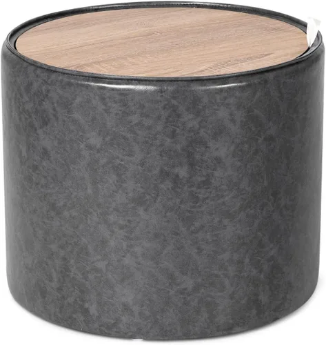 Adeco Otomana redonda de almacenamiento, reposapiés de almacenamiento de piel sintética con tapa extraíble, mesa auxiliar lateral para sala de estar