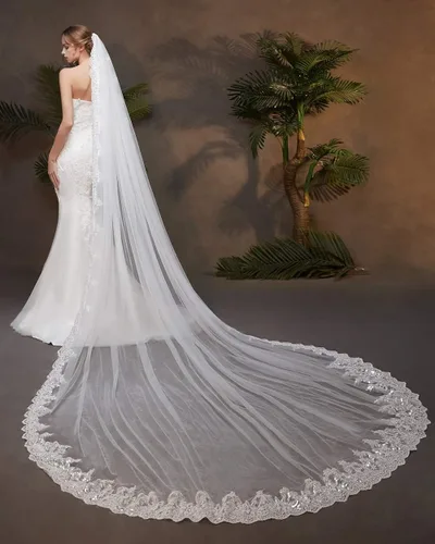 Miniatura 4 de EllieHouse Velo de novia largo de encaje de lentejuelas catedral para mujer con peine de metal L92, 3M118 INCH